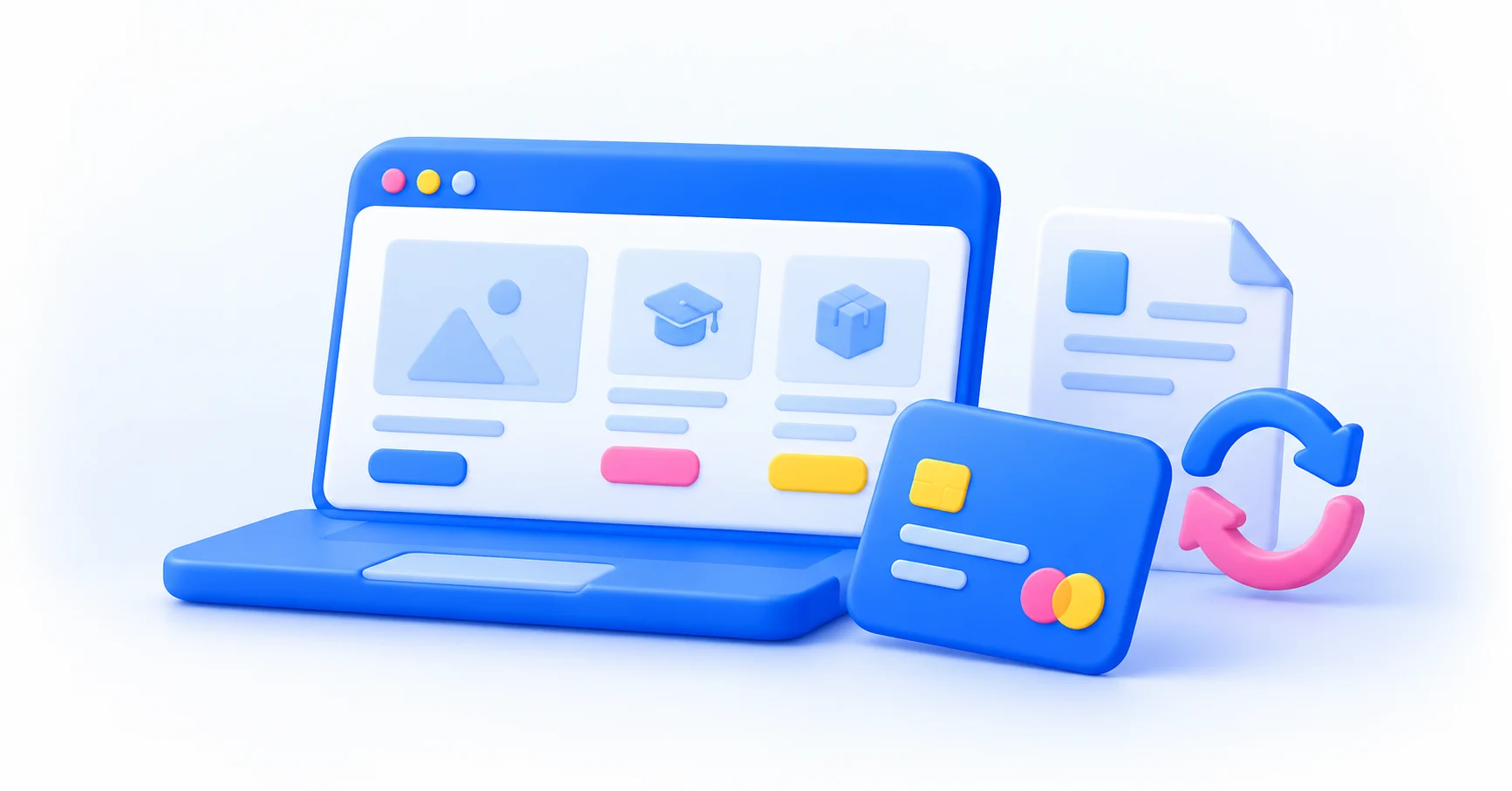 Webの商品ページ、決済カード、請求書と継続課金の矢印を組み合わせたイラスト